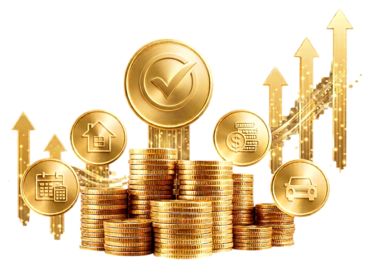 Coins and growth arrows illustrating investment growth